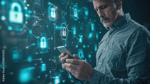 Professional man observing a luminous matrix of cybersecurity padlock icons and digital nodes while using his smartphone to signify robust protection for sensitive corporate information assets.