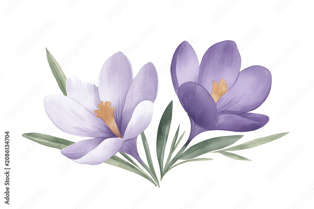 Obraz premium Delicate purple and white flowers with green leaves