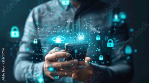 Businessman holding a smartphone interacts with glowing blue digital security icons that illuminate his hands and grey shirt with a cool, futuristic light in this high-tech cybersecurity concept.
