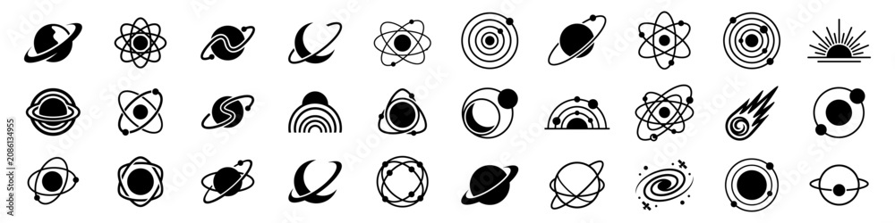 Obraz premium Space-themed logo bundle with elegant black planets, stars, and orbit graphics on transparent background.