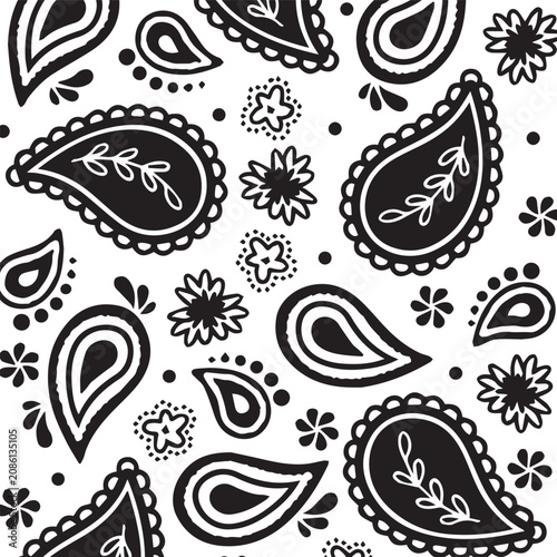 black and white paisley seamless pattern doodle vector background