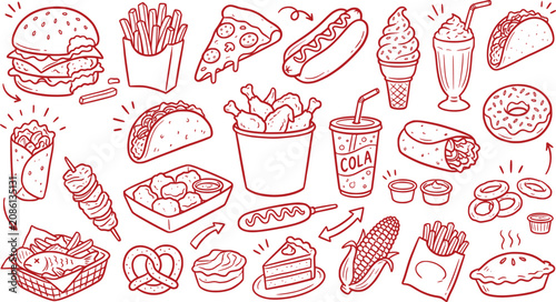 фотографія Hand drawn fast food doodle set, red line art junk food icons, collection of 25
