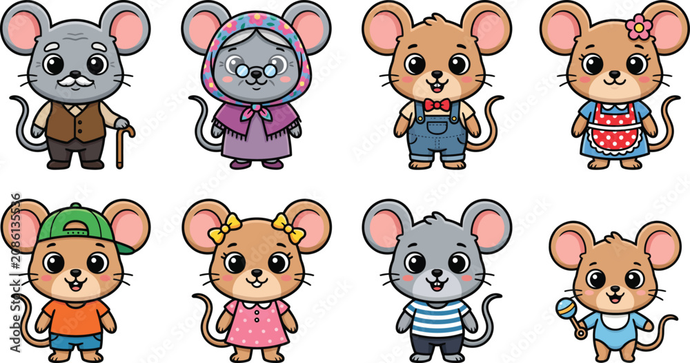 Obraz premium Cartoon Mouse Family Character Set in Flat Vector Style Isolated on Transparent Background
