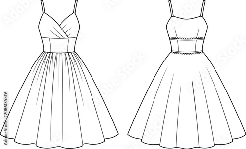 Schilderij op canvas Fashion technical flat sketches of elegant spaghetti strap cocktail dresses show