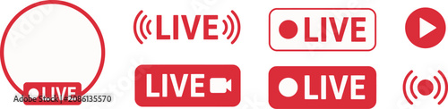 Fotografía Live streaming icons, broadcasting symbols, red play button, camera icon, on air sign, live event graphics