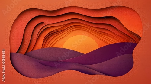 Abstract Layered Paper Cut Sunset Landscape with Soft Shadows