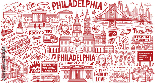 Canvastavla Philadelphia sketch panorama with landmarks and local icons in red ink on white