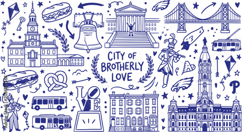 Bild auf Leinwand Philadelphia City of Brotherly Love doodle set, hand drawn blue line art icons o