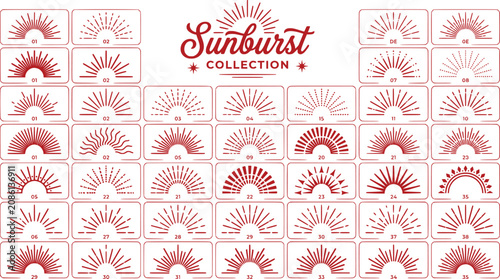 Konstfotografi Vintage sunburst collection with 45 red vector elements, retro sunrise line art