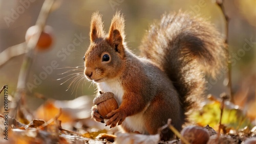 Red squirrel holding an acorn amidst autumn leaves in a forest setting