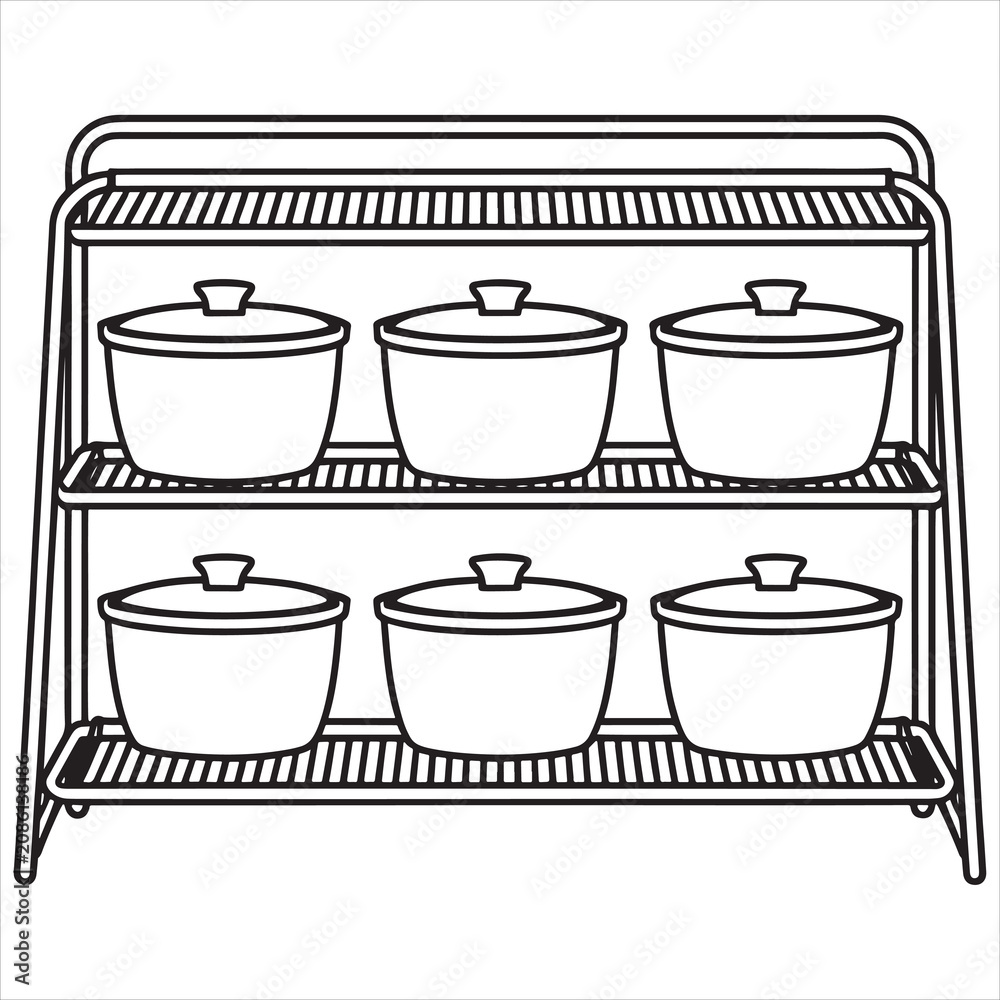 Obraz premium Six ceramic pots with lids organized on a two-tiered kitchen rack