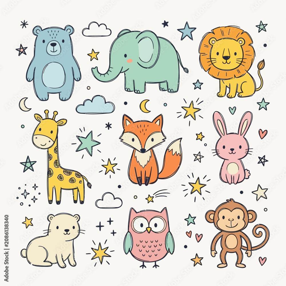 Fototapeta premium Cute cartoon animals, stars, moon, clouds illustration - children's book style