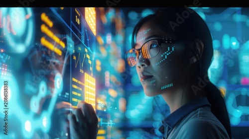 Professional technician monitors complex data streams and holographic projections through protective eyewear while standing before an illuminated wall of glowing blue and amber digital information.