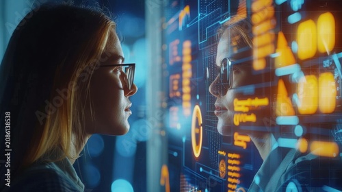 Woman wearing glasses observes a luminous holographic dashboard filled with amber and cyan analytical symbols, suggesting deep focus and interaction with advanced artificial intelligence systems.