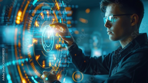 Technician with glasses touches a glowing circular holographic interface that radiates amber and azure light while displaying complex data patterns and intricate mechanical textures in a dark lab.