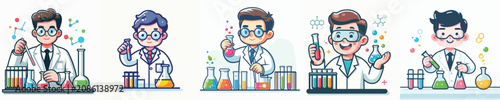 Konstfotografi Cartoon scientists conducting experiments with colorful chemicals in lab