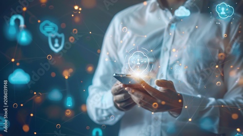 Professional uses a handheld mobile device surrounded by intricate holographic security clouds and luminous particle effects that emphasize the seamless integration of personal data encryption.