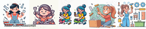 Bild auf Leinwand Colorful illustrations of women engaged in various DIY activities