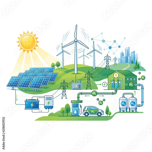 Sustainable energy infrastructure integrating solar panels, wind turbines, hydrogen production, and vehicle charging stations for clean utility power