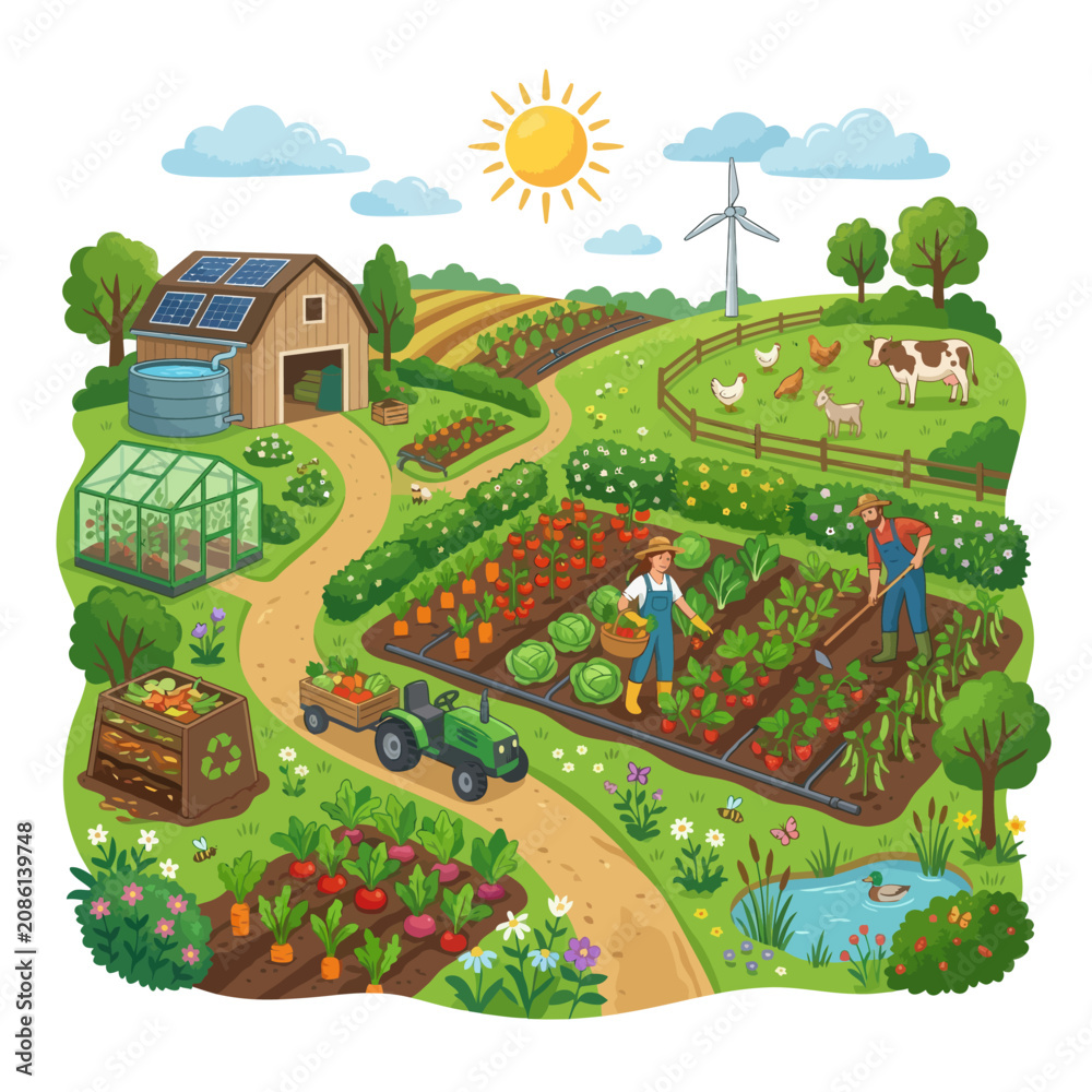 Fototapeta premium Sustainable Organic Farming Landscape Featuring Farmers Working in Vegetable Gardens with Renewable Energy and Livestock