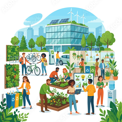 Diverse community engaged in sustainable urban living with renewable energy recycling and gardening initiatives