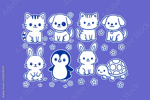 Obraz na plátně Cute cartoon sticker set featuring adorable white kittens puppies bunnies a peng