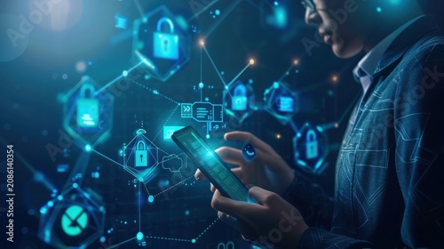 Businessman interacts with a complex network of interconnected glowing security padlocks floating in a deep blue digital space to demonstrate advanced enterprise data protection strategies.