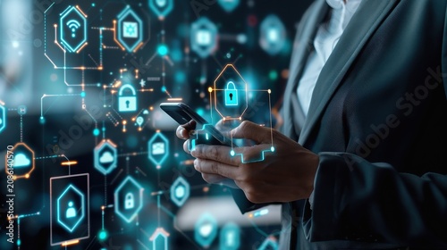 Business executive holds a modern smartphone that projects a complex web of interconnected neon security nodes and glowing blue padlock symbols in a dim workspace.