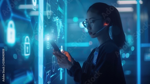 Technical specialist wearing a modern headset reviews vital system diagnostics on a large, semi-transparent glass display that emits a cool, ethereal blue light across her focused face.