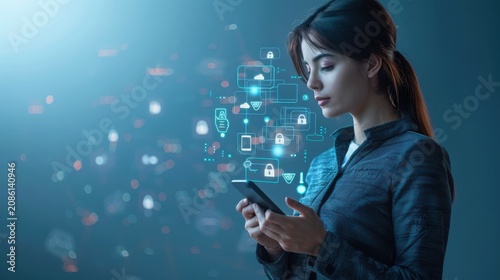 Professional woman examines holographic data streams and glowing security icons on her handheld device while working in a dimly lit, high-tech office environment with soft blue ambient lighting.