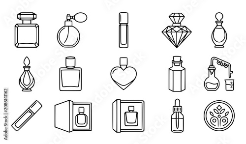 Obraz na plátně Perfume bottles collection vector icon set with simple bold line art classic com