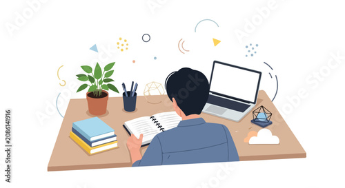 фотографія A focused student or professional sits at a wooden desk with a laptop and books, immersed in study against a playful, abstract backdrop