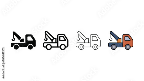 Fotografie Collection of tow truck icons in different styles including solid fill outline a