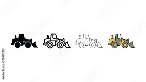 Compilation of four distinct vector illustrations of a frontend loader construction vehicle in silhouette outline line art and filled color styles