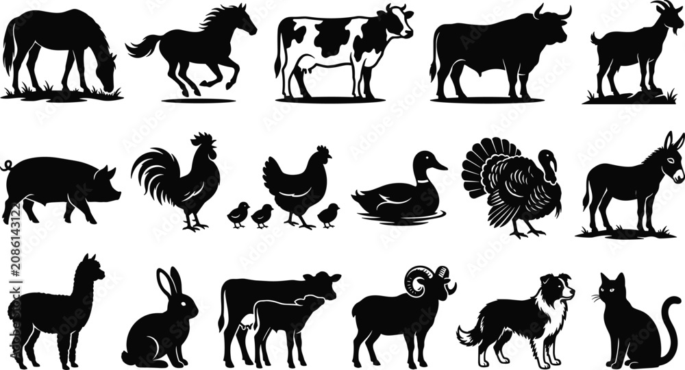Fototapeta premium Collection of eighteen farm animal silhouette vector icons featuring livestock, poultry, and domestic pets isolated on white image_3b82dd.png