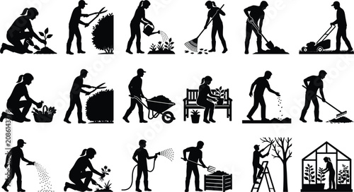 Collection of eighteen gardening silhouette vector icons showing people performing various garden tasks isolated on white image_3a3123.png