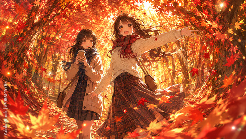 Two young women smiling and walking through an autumn maple tree tunnel, travel and lifestyle, AI generated,紅葉の並木道を笑顔で歩く2人の若い女性、秋の旅行とライフスタイル、AI生成画像
