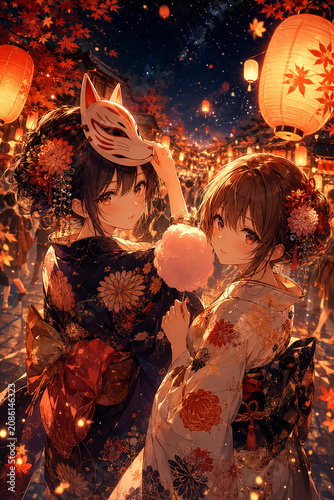 Anime illustration of two girls in kimonos at a Japanese night festival with fox masks, glowing lanterns, and autumn maple leaves,狐のお面と着物の少女、日本の夜祭りと灯籠、紅葉のアニメイラスト