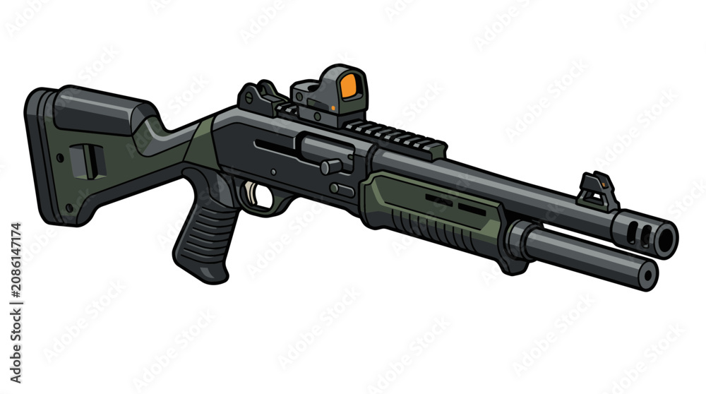Fototapeta premium Modern Black Tactical Shotgun with Scope and Stock.