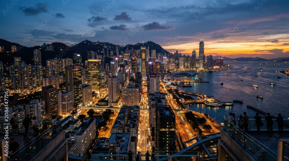 Obraz premium Vibrant city skyline at sunset with illuminated skyscrapers and busy harbor