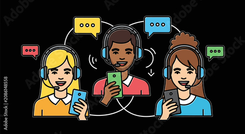 Three people communicate effectively with headsets on