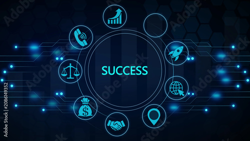 Success concept with target, growth chart, light bulb, gear, and handshake in dark blue and neon blue