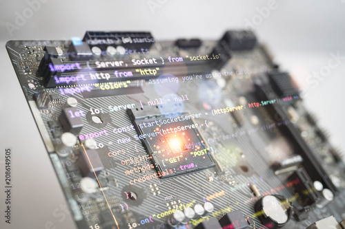 Картината върху платно Abstract glowing processor on a computer motherboard with software source code overlay, representing artificial intelligence, software development, cloud computing technology