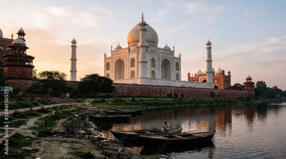 Naklejka premium Iconic Taj Mahal in India at sunrise with river and boat views