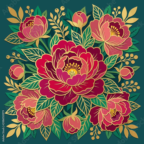 Ornate Peony Blossom Garland with Gold Accents on Teal Background
