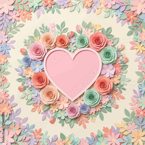 Pastel Flowers Heart Frame, Paper Craft Floral Wreath, Blank Space for Message