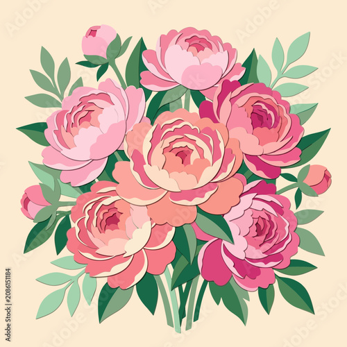 Pink and Coral Peony Blossoms with Green Leaves, Floral Arrangement