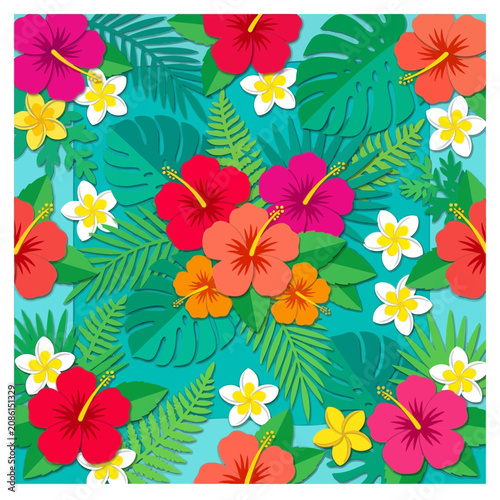 Tropical Hibiscus Flowers and Palm Leaves Pattern