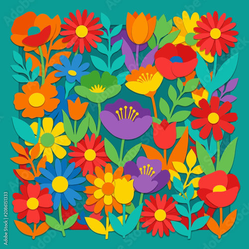 Vibrant Flat Design Flowers and Leaves Pattern, Colorful Floral Background