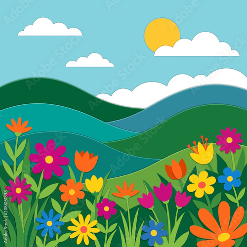 Vibrant flower field with rolling hills and sunny sky, illustration